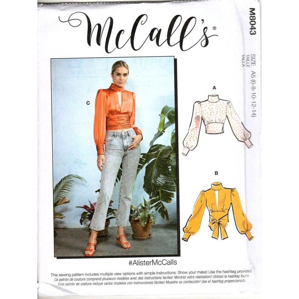 McCalls M8043 Misses 6 to 14 Deep V Crop Tops UNCUT Sewing Pattern